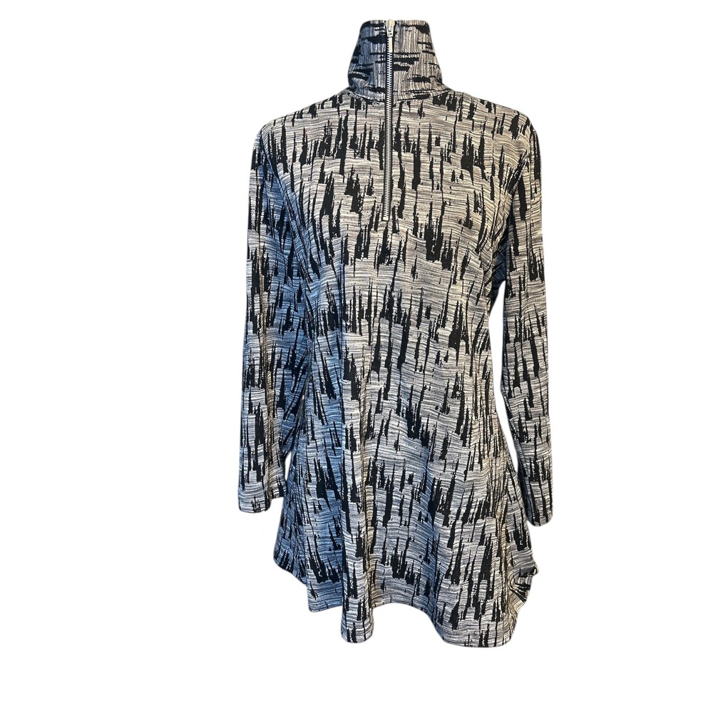 Parsley Sage Women Black‎ White Abstract Print Long Sleeve Zip Neck Tunic Top L